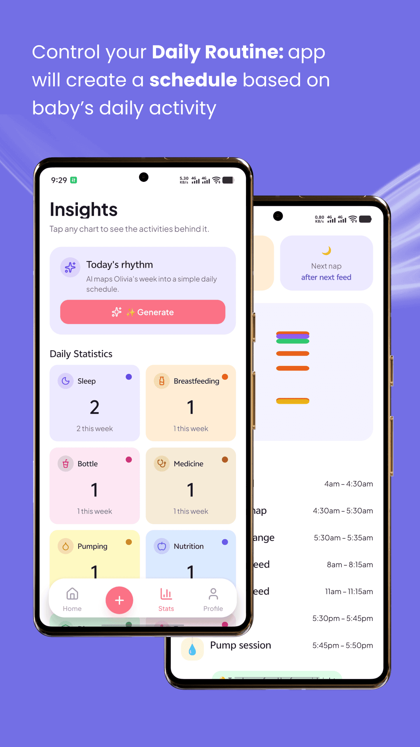 MamaNote daily routine screen showing personalized baby schedule built from activity logs