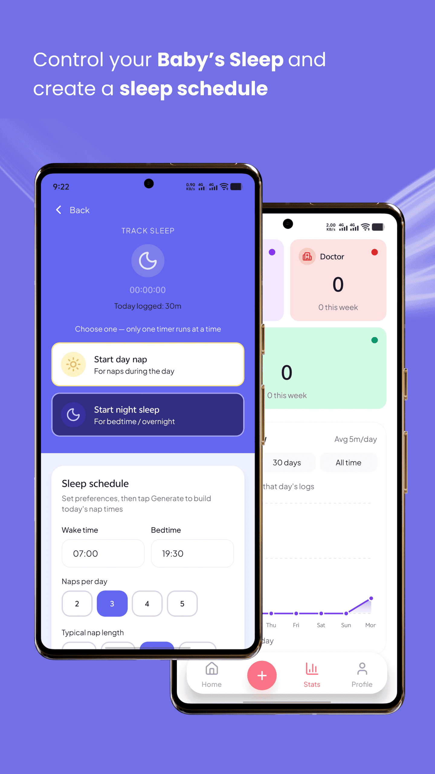 MamaNote sleep tracking screen showing nap times, night sleep, and daily sleep schedule
