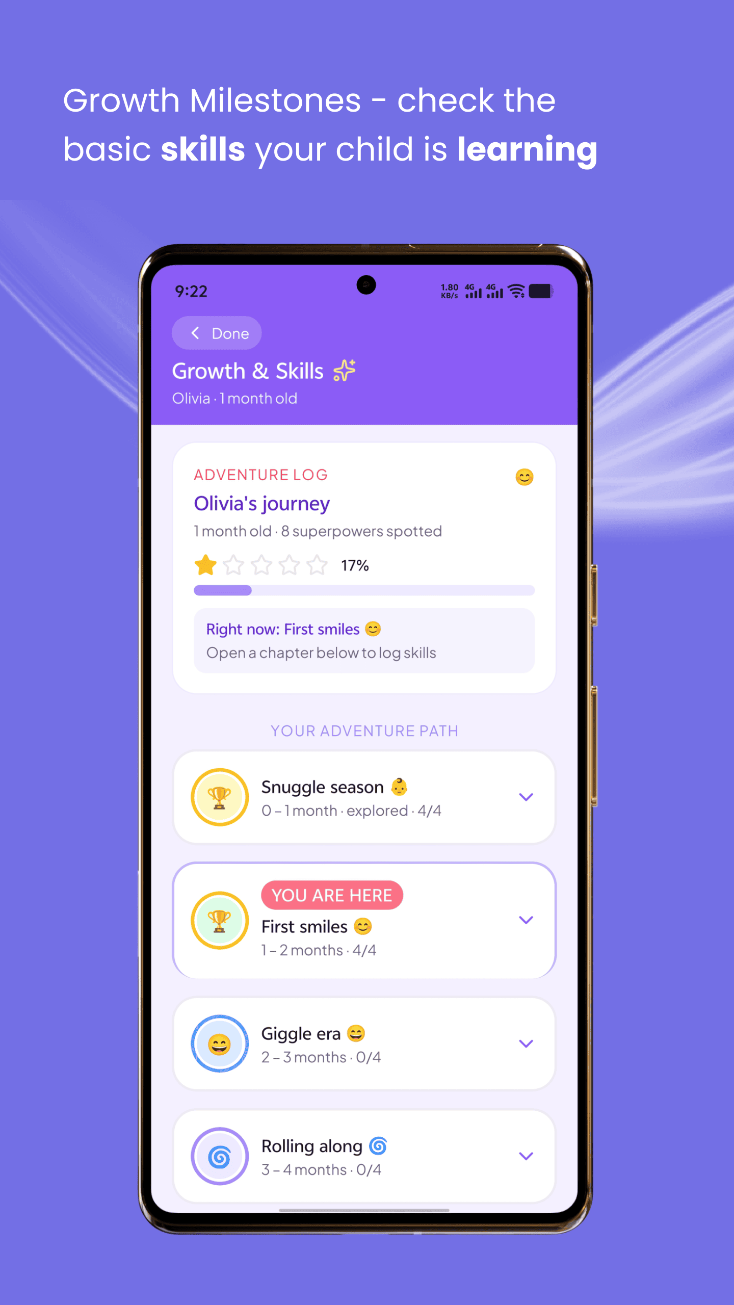 MamaNote growth milestones screen showing baby developmental skills and weight chart